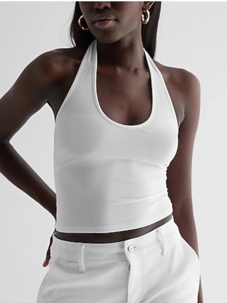 Nwt~Express ~ White Fitted Ribbed Halter Neck Cropped Tank ~ Size S